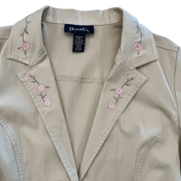 Denim Co Tan Jacket Floral Embroidery on Collar BOHO Hippie COTTAGECORE Medium - Picture 1 of 16